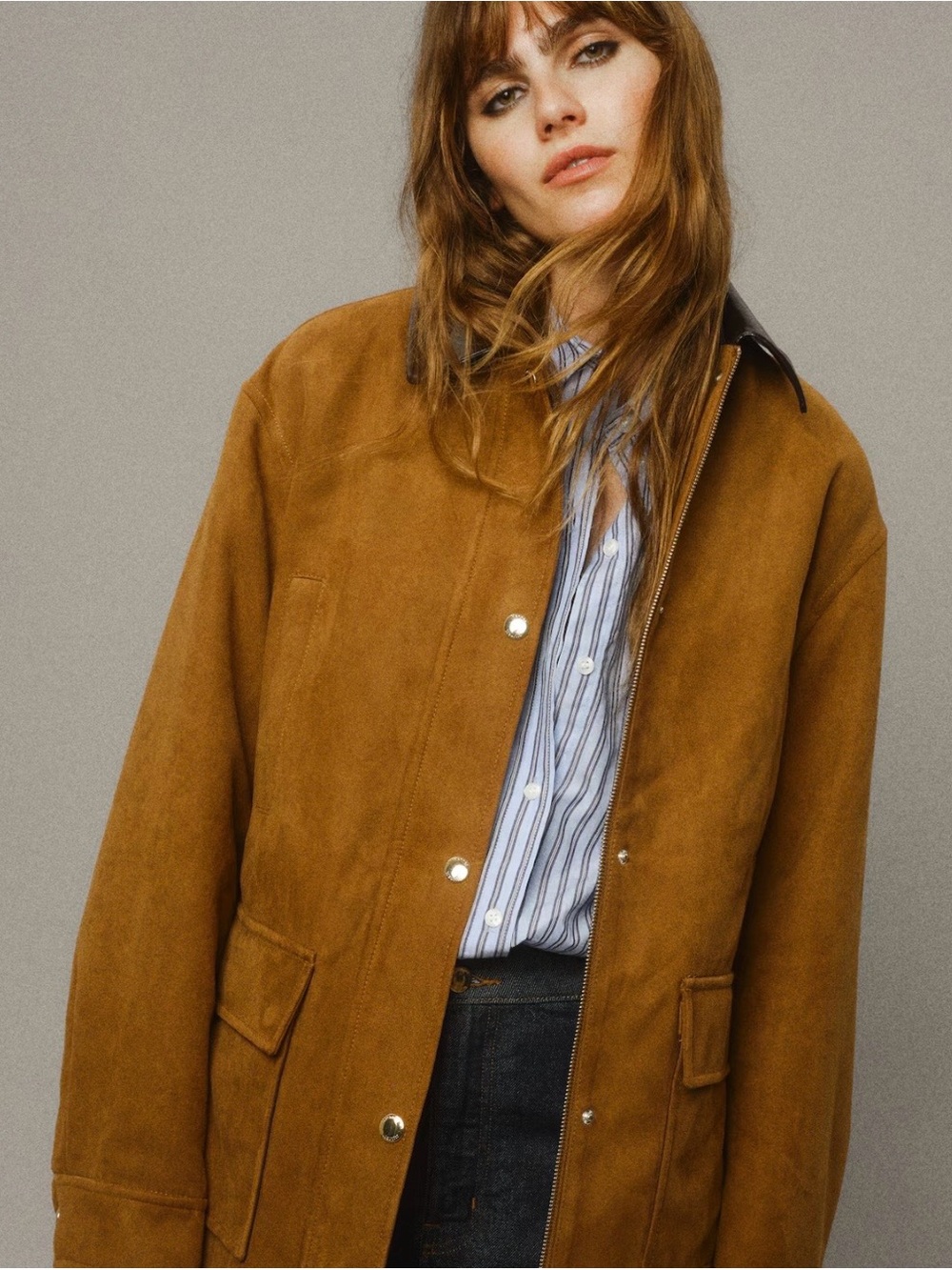H&M Brown Faux Suede Utility Jacket with Dark Brown Collar
